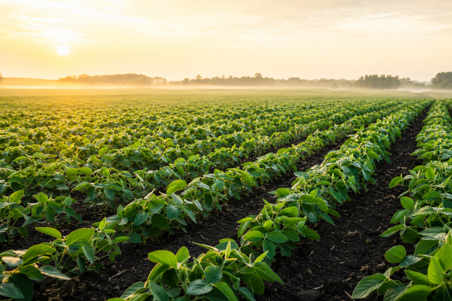 Healthy green crops growing in rows